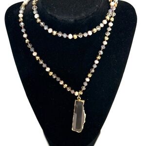 Marlyn Schiff  Vtg Beaded Polished Stone Pendant Necklace Adjustable 36"-38.75"